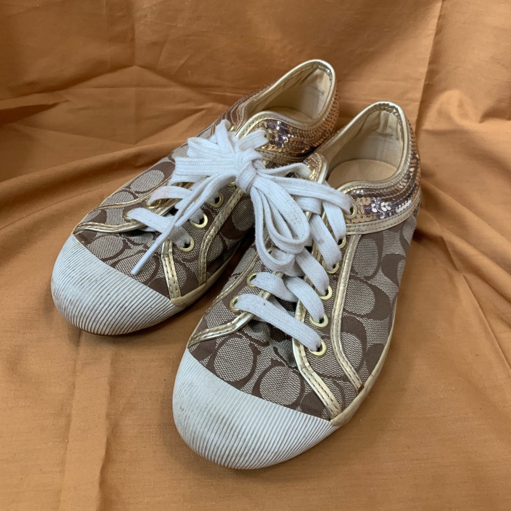 Coach Gold Canvas Monogram Sneakers – Sequin Accent - Size 7